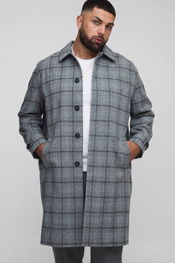 Plus Regular Fit Raglan Single Breasted Check Collar Buckle Car Coat | Grey | Size 2XL