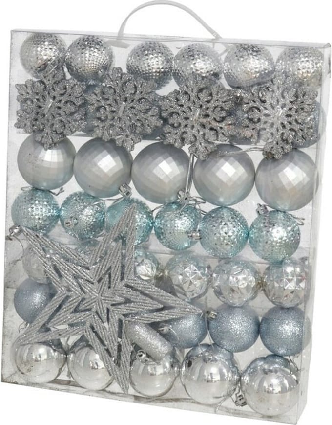 Gerimport Kerstballen - met ster piek - 57ST - zilver/blauw - kunststof