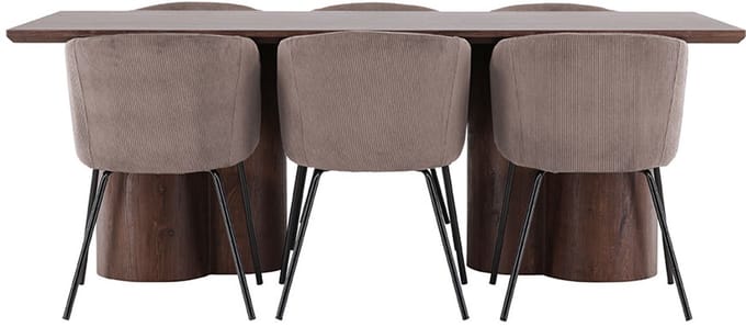 Olivia eethoek tafel 100x210cm en 6 fluwelen stoelen met armleuningen mocca.