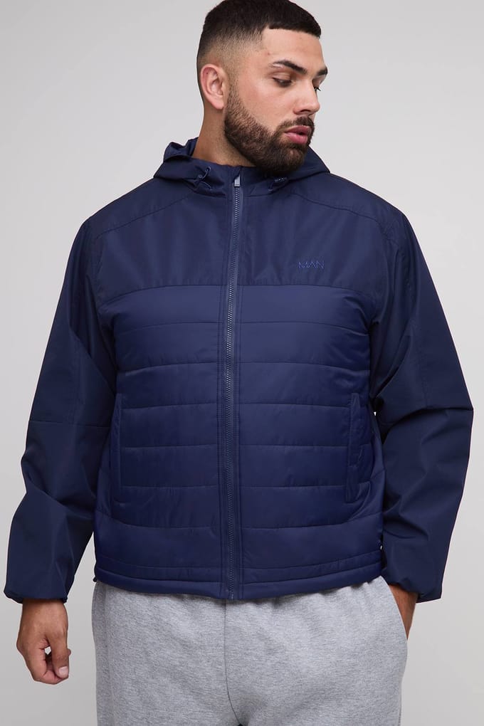 Plus Regular Fit Lightweight Gewatteerde Capuchonjas | Navy | Size 2XL