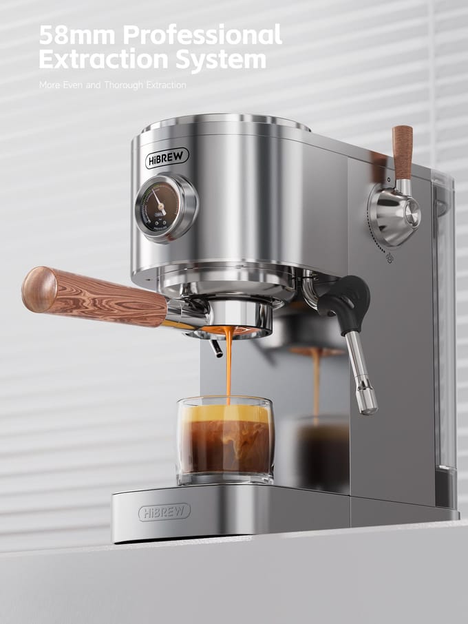 HiBREW H13 Semi-automatische Koffiemachine, Dubbel Boilersysteem met 20-Bar Pompdruk, Multifunctionele Zetmodi, Verstelbaar Lekbakje wit
