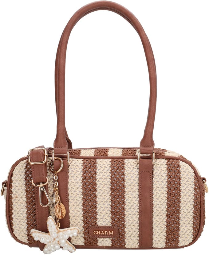 Charm London Capri Handtas - Schoudertas - Gestreept - Bag Charm - Rietlook - Dames - Mokka