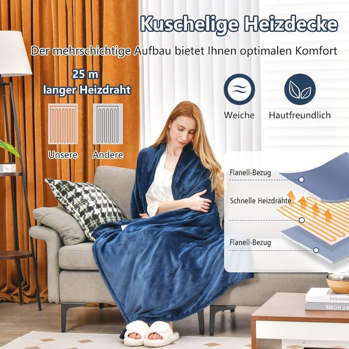 Elektrische Warmtedeken 200x150 cm - Wasbaar Flanel - 4 Warmtestanden & Timer