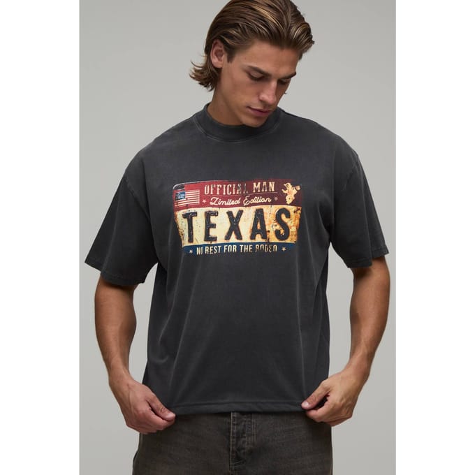 Oversized Boxy Gewassen T-shirt Met Texas Kentekenplaat | Washed Black | Size Medium