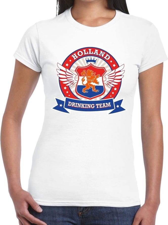 Wit Holland drinking team t-shirt / t-shirt wit dames - Koningsdag / supporters kleding M