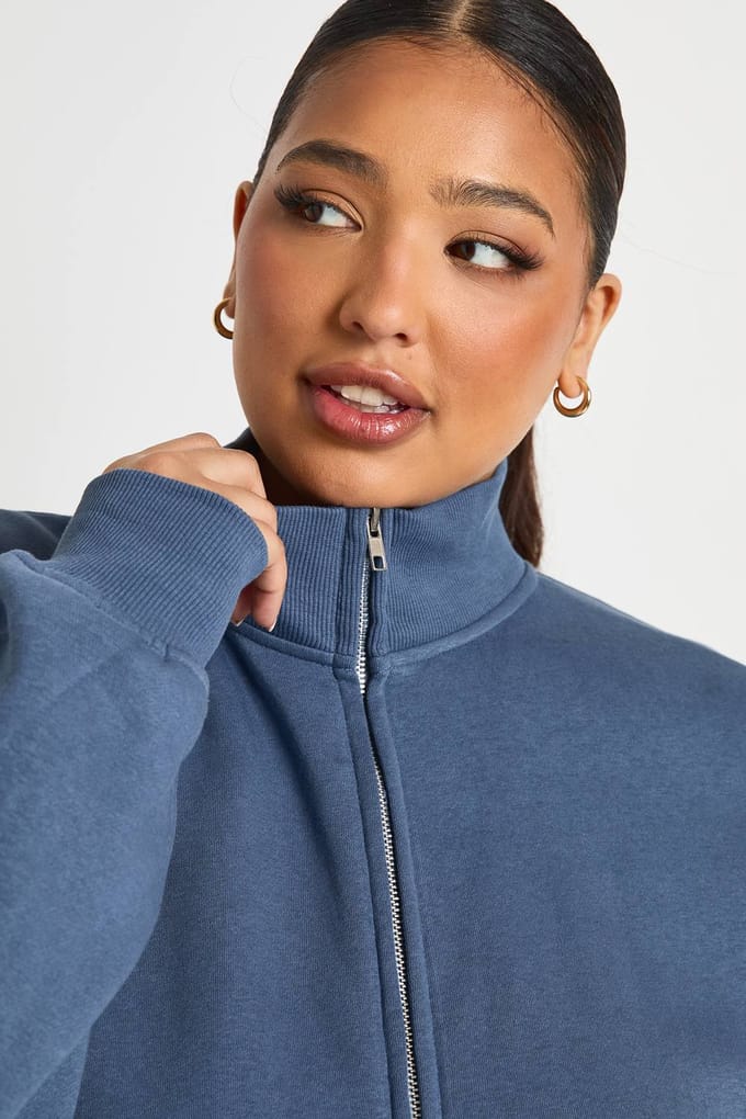 boohoo Dames Plus Dubbele Rits Trechter Hals Sweatshirt Trainingspak | Navy | Maat: 24