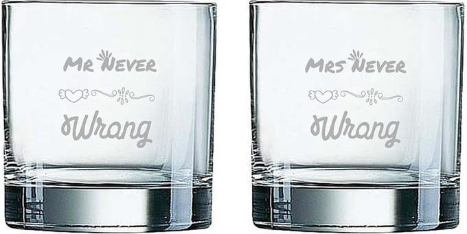 Gegraveerde set Whiskeyglazen 38cl Mr. Never wrong - Mrs. Never wrong