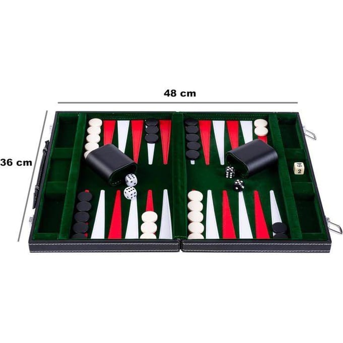 Backgammon 15 inch - Groen, Rood & Wit Gestikt Bord - Kunstlederen Koffer met Handvat - Engelhart