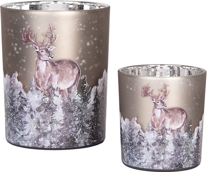 Clayre & Eef Theelichthouder Set van 2 Ø 7x8 / 10x13 cm Grijs Glas Hert