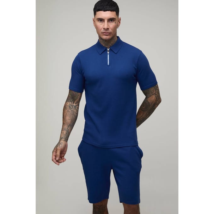 Lange Slanke Pasvorm Wafel Ritshals Polo & Shorts Set | Navy | Size XL