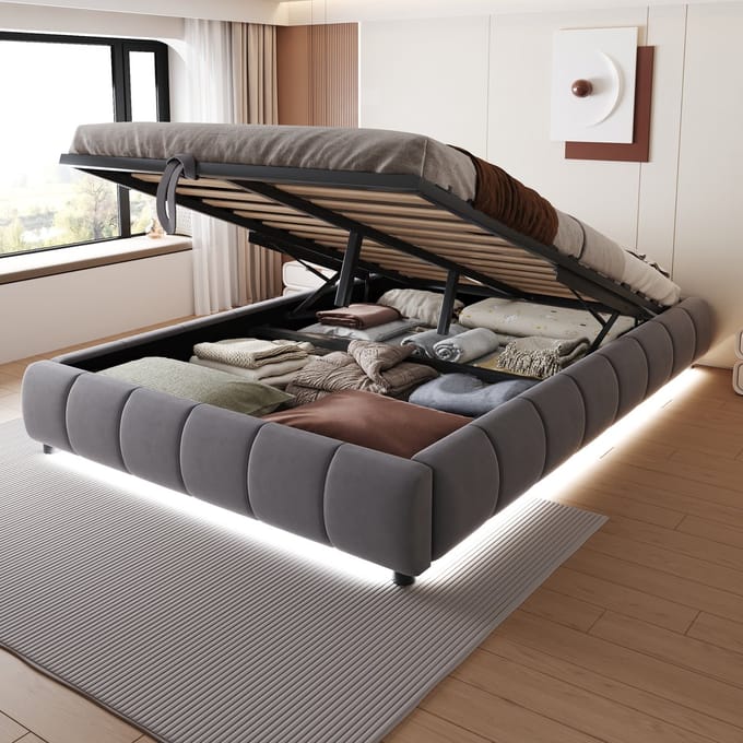 REDOM Bedframe 140x200 cm – Flanel grijs – Zonder hoofdeinde – Hydraulische opbergruimte & LED