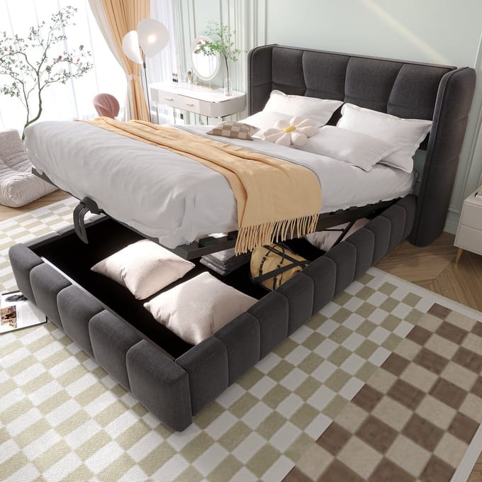 PHOEBE CAT Gestoffeerd bed - 90 x 200 cm - Opbergruimte - Linnen stof - Grijs