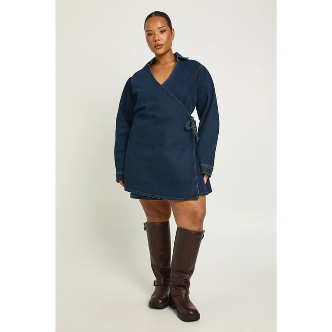 boohoo Dames Plus Denim Wikkel Jurk | Dark Indigo | Maat: 22