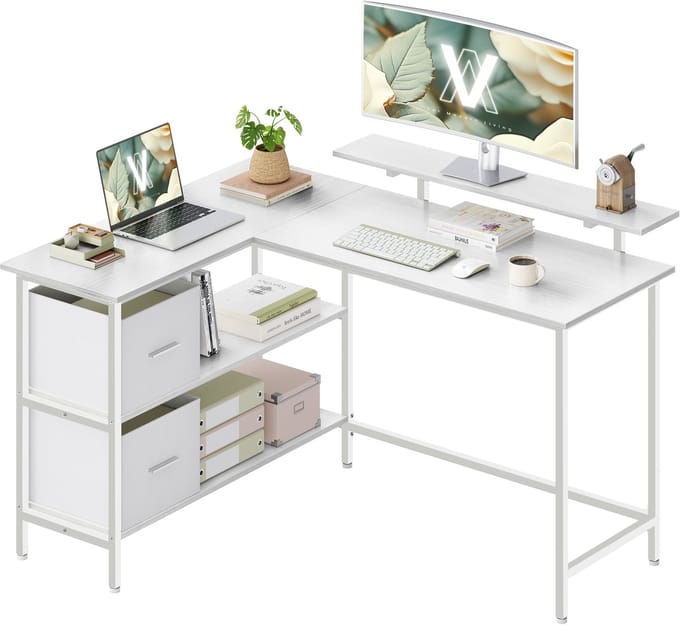 VASAGLE - Bureau - L-vormig Bureau - 2 Ruime Lades - Monitorstandaard - Verstelbare Plank