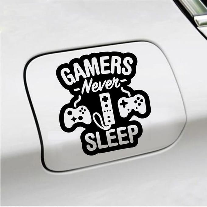 Bumpersticker - Gamers Never Sleep - 12,4 X 11,4 - Zwart
