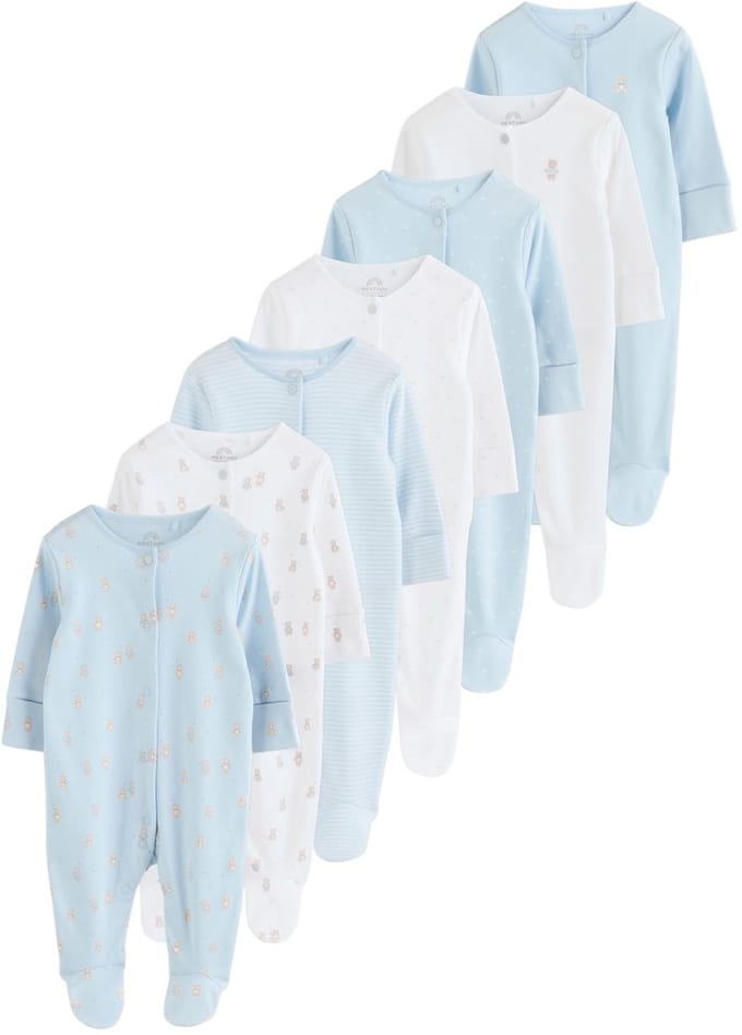 Next - Jongens - Set van 7 babypyjama's met berenprint - Blauw