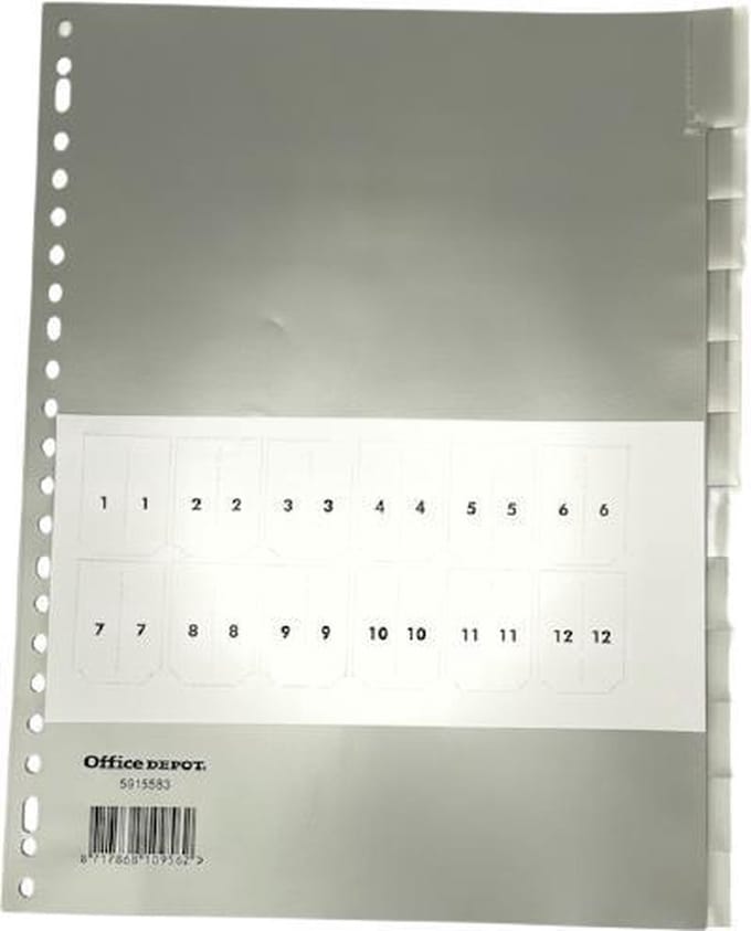 Office Depot Tabbladen A4 Grijs 12 tabs 23-gaats polypropyleen blanco