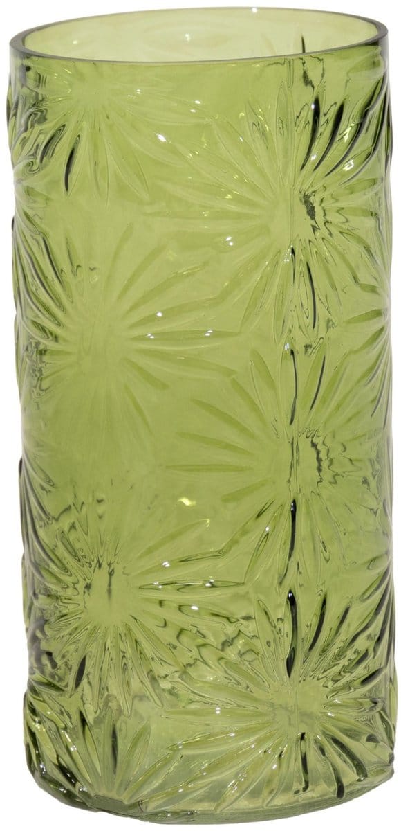 Mega Collections Bloemenvaas Debby - groen - glas - bloem relief - 15 x 35 cm