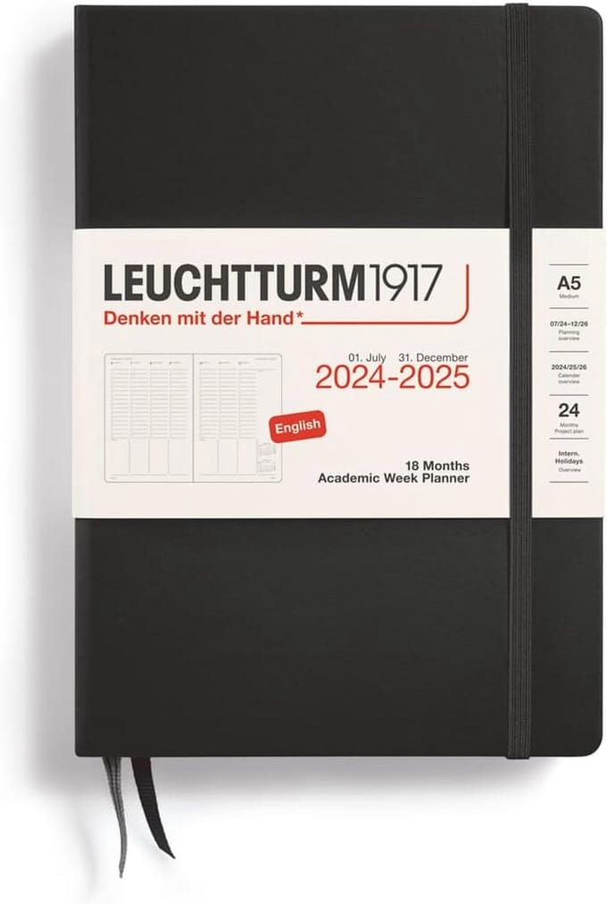 Academische Weekplanner Medium A5 2025 - 18 Maanden - Hardcover - Zwart - Engels