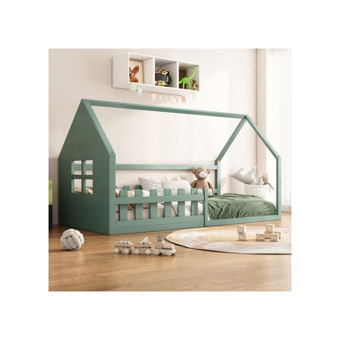 90*200cm lit plat, lit d'enfant, barre de maison, vert