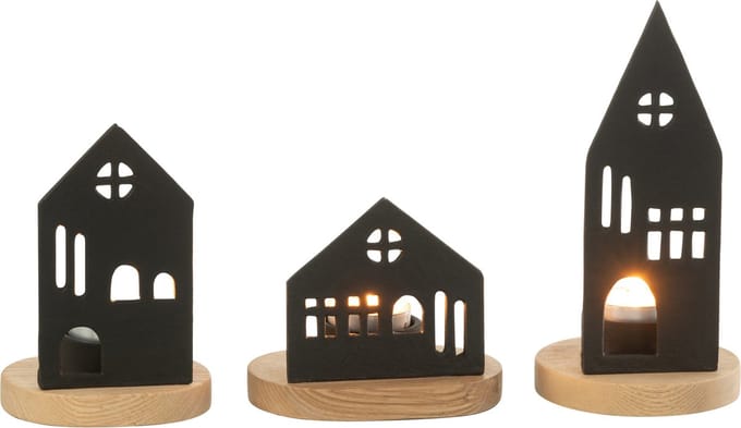 J-Line kaarshouder Huis - aluminium/hout - zwart - 3 stuks
