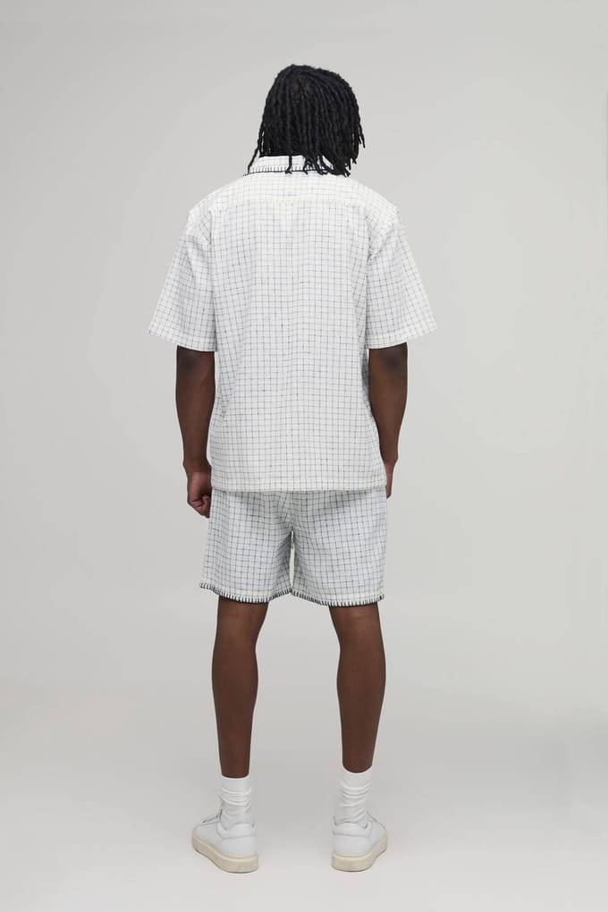 Tall Windowpane Check Blanket Stitch Oversized Short Sleeve Shirt & Baggy Short Set | White | Size Medium