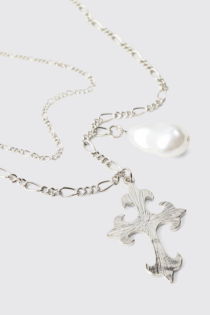 Cross and Faux Pearl Layered Necklace in Silver