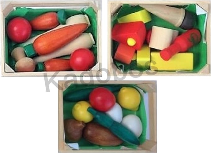 3x Houten kratje gevuld met groenten, fruit en kaas
