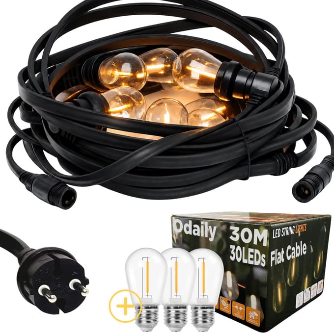 Odaily Platte Prikkabel - 30 Meter - 30 LED Lampen - Warm Wit - IP65 Lichtsnoer - Horeca Kwaliteit