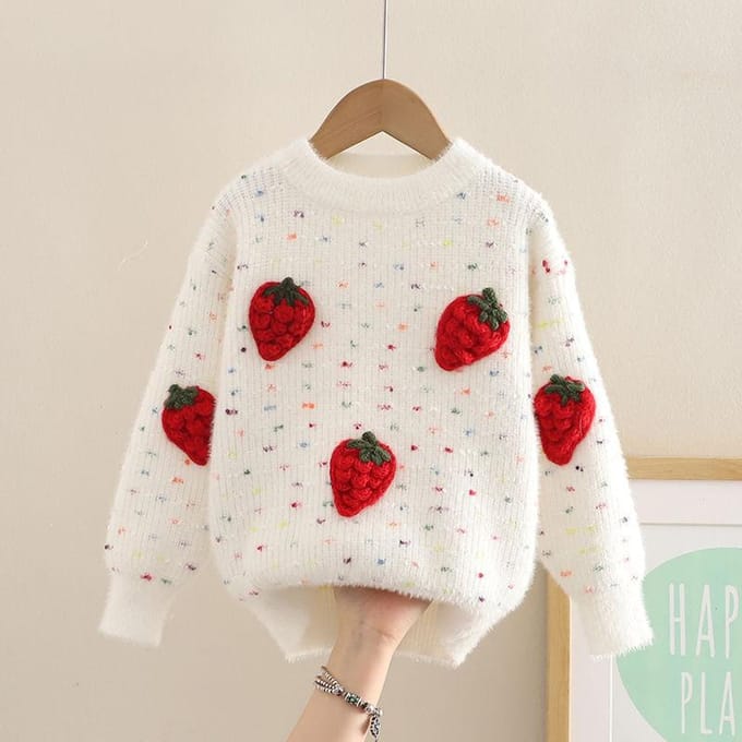 Schattige driedimensionale aardbeien pullover trui voor meisjes als basis winter gebreide top voor kinderen 130 white