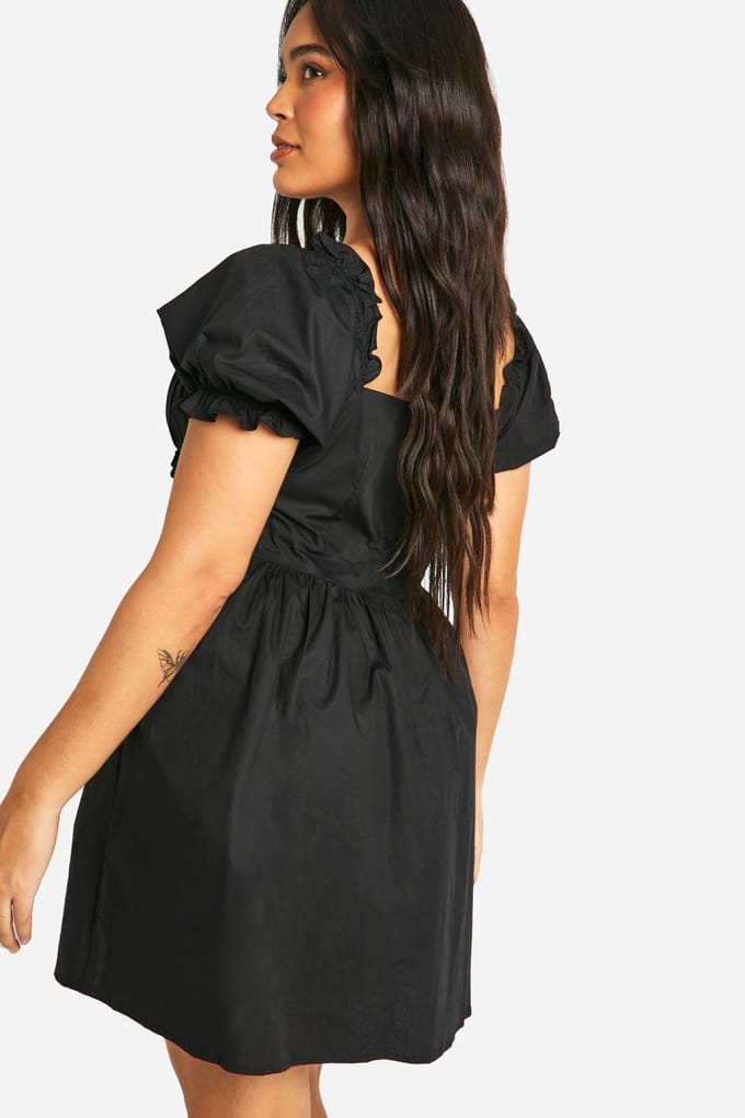 boohoo Dames Plus geweven melkmeisje button-down skaterjurk | Black | Maat: 28