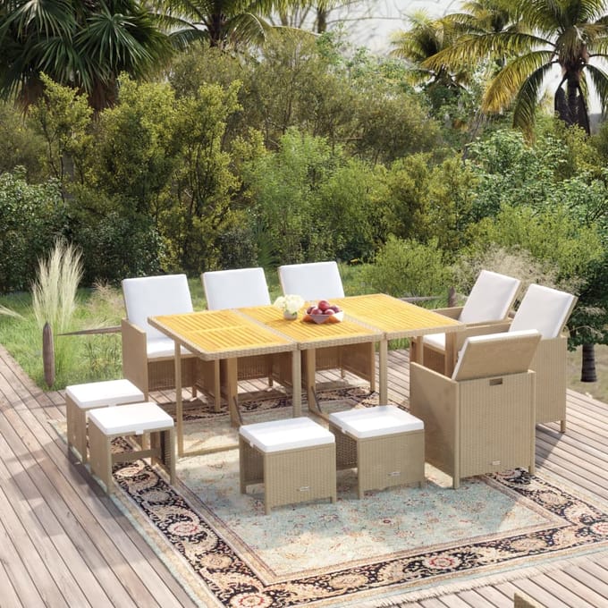 vidaXL - 11-delige - Tuinset - met - kussens - poly - rattan - beige