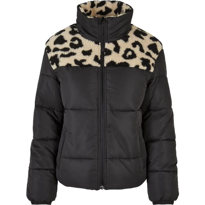 Urban Classics - Ladies AOP Sherpa Mixed Gewatteerd jack - M - Zwart