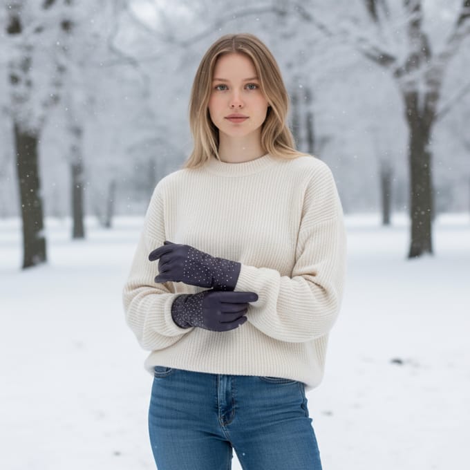 Dames winterhandschoenen met paars Italiaans leer en zachte wollen voering en studs