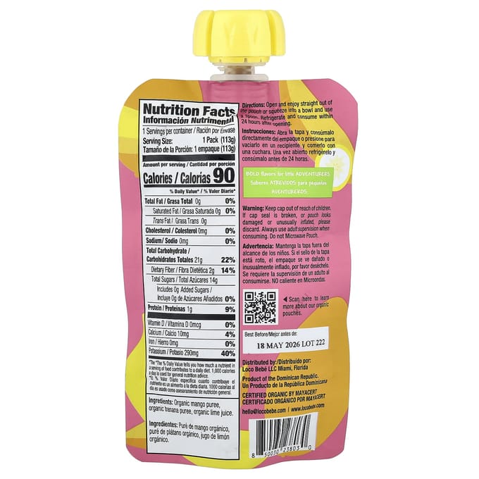 Loco Bebe, Biologische Puree, 6+ Maanden, Banaan Mango, 4 oz (113 gr) yellow