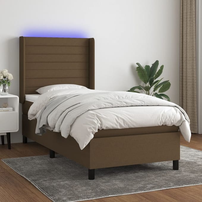 vidaXL - Boxspring - met - matras - en - LED - stof - donkerbruin - 90x190 - cm