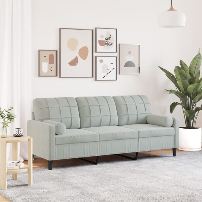 vidaXL - Driezitsbank - met - sierkussens - 180 - cm - fluweel - lichtgrijs