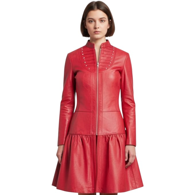 Dames Ribet Goth Rood Leren Victoriaanse Studd Flare Coat- Larvik