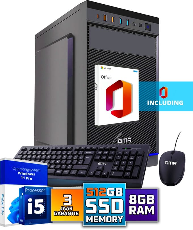 Intel Ultra Compleet Desktop PC | Intel Core i5 | 8 GB RAM | 512GB SSD M.2 | Windows 11 Pro | Business Office Multimedia Computer | Inclusief Muis & Toetsenbord & Microsoft Office