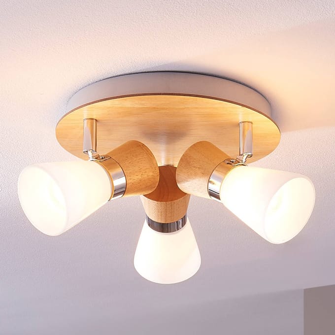 Lindby - plafondlamp hout - 3lichts - Glas, hout, metaal - H: 16 cm - E14 - wit, licht hout, chroom
