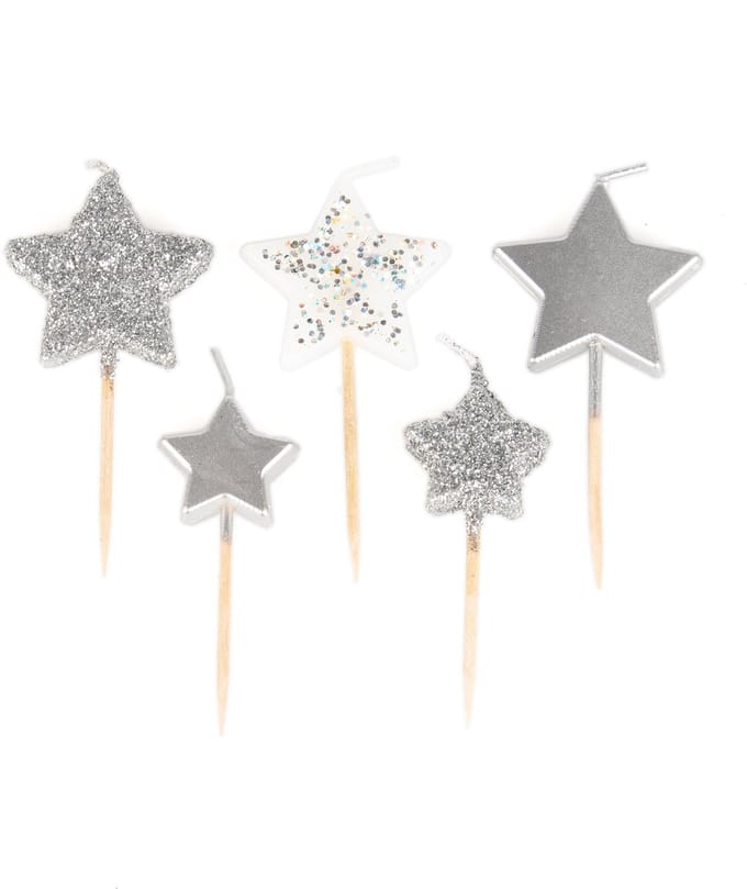 ARTYFETES - 5 sterkaarsen op prikker, zilverkleurig verloop, 7 cm, glitter