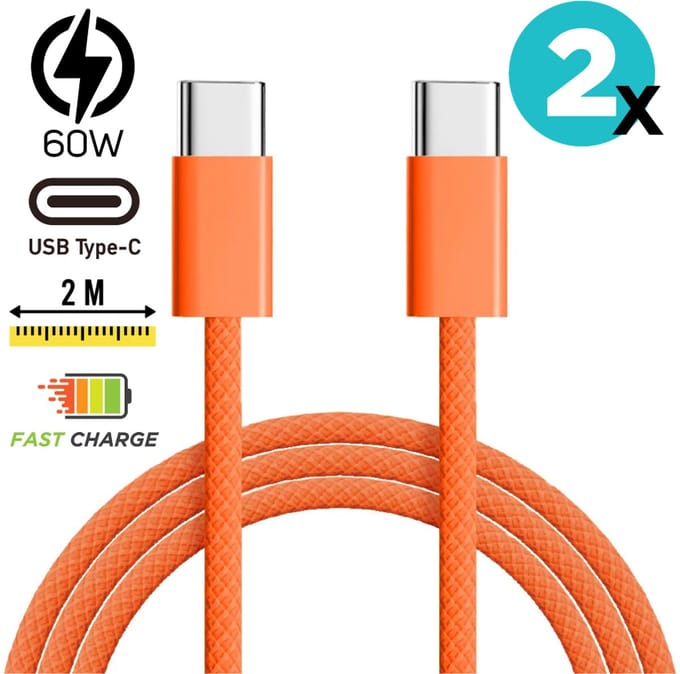 USB C naar USB C kabel - Set van 2 - 60W - 2 Meter Oplaadkabel - Snellader - Gevlochten Nylon