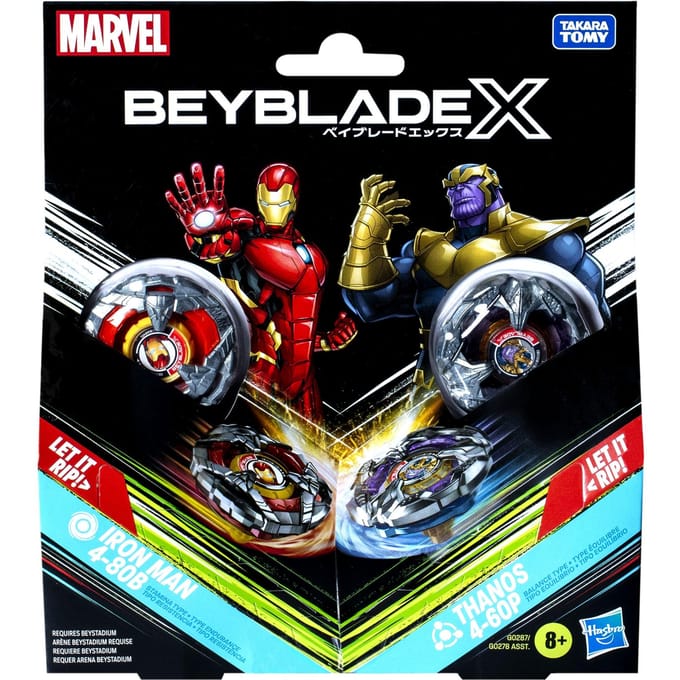 Beyblade X Marvel-collab, Iron Man 4-80B vs. Thanos 4-60P, multipackset, leeftijd 8+
