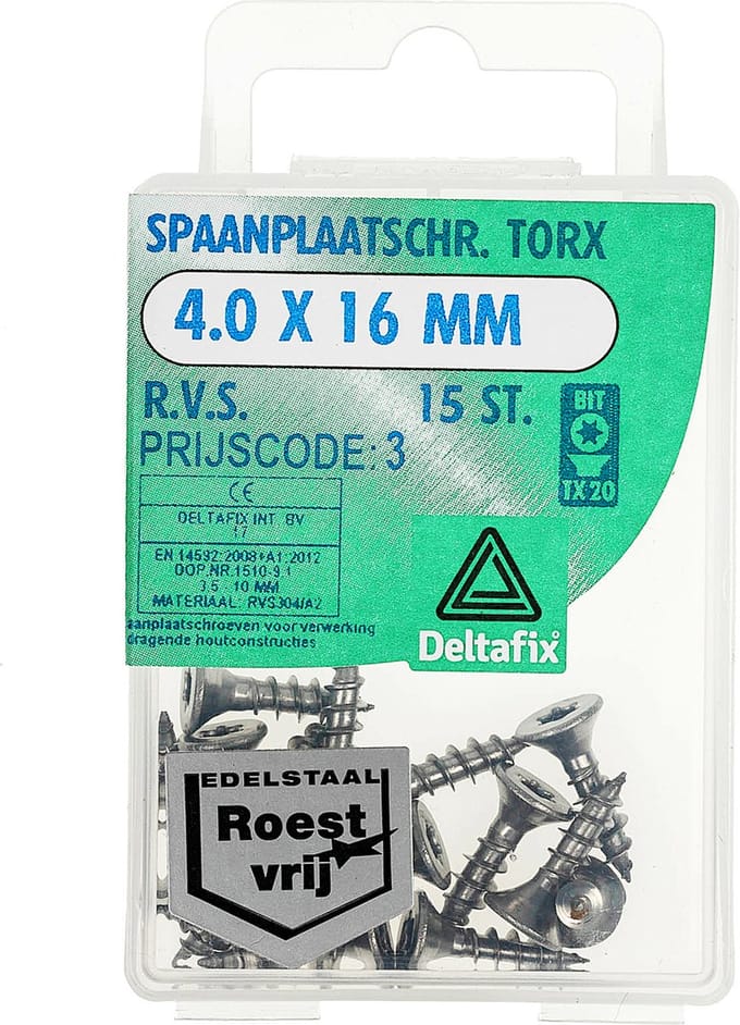 Deltafix spaanplaatschroef platkop / torx r.v.s. a2 4.0 x 16 mm 15 st.