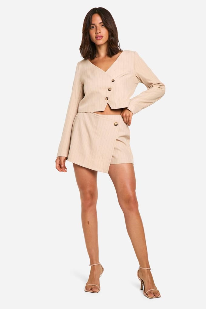 boohoo Dames Pinstripe Wrap Front Tailored Skort | Steen | Maat: 36