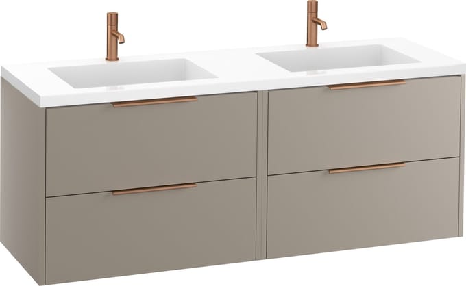 Saqu Lima badmeubel incl. dubbele glans witte wastafel 160x52x64cm mat greige – koperen greep