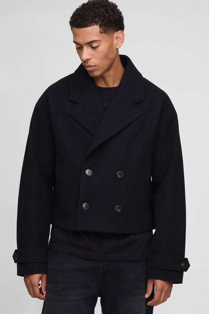 Dubbelgebreide Afgekorte Melton Overcoat | Black | Size Medium