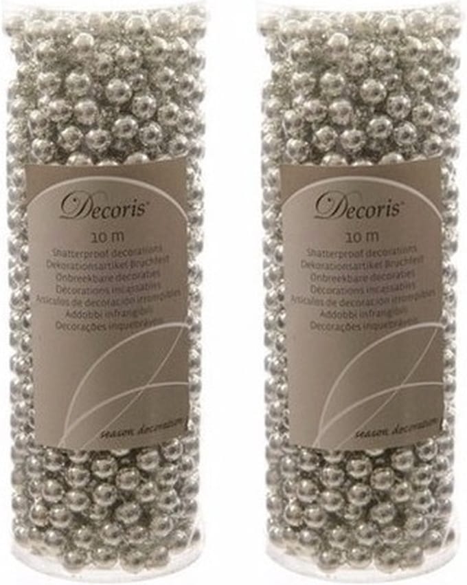 Decoris Kralenslinger - 4x stuks - zilver - 10 meter - kunststof - glans - kerstslinger - kerstversiering