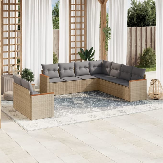vidaXL - 9-delige - Loungeset - met - kussens - poly - rattan - gemengd - beige
