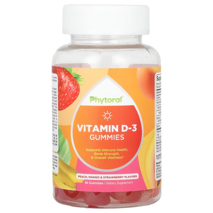 Phytoral, vitamine D-3 gummies, perzik-, mango- en aardbeismaak, 60 gummies